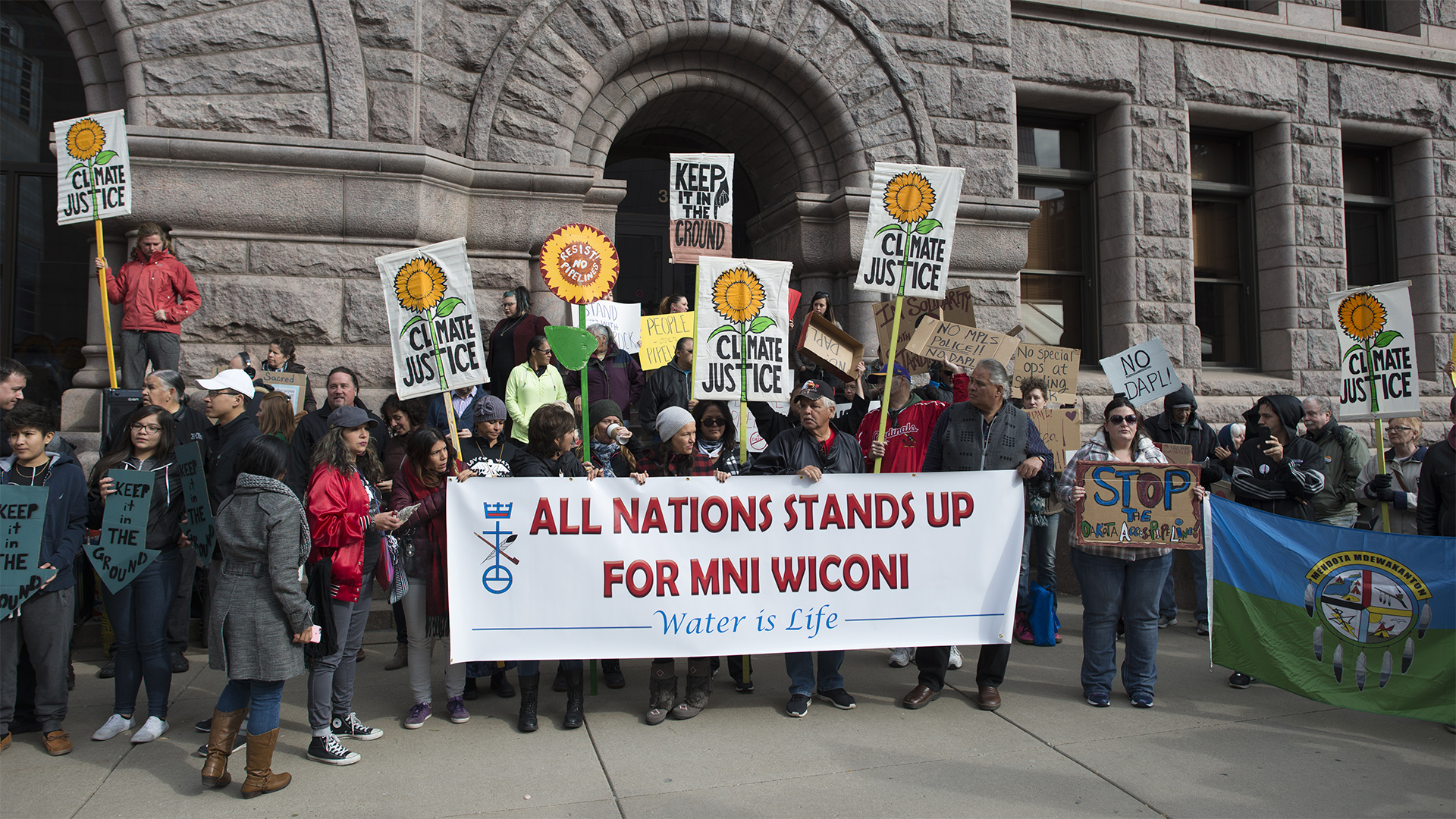 Indigenous community members gathered outside Minneapolis City Hall to protest the Dakota Access Pipeline 